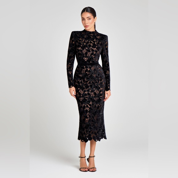NADINE MERABI Dresses & Skirts - NADINE MERABI Diane Black Velvet Embroidered Midi Dress Sz XS (2) MSRP $545 NWT